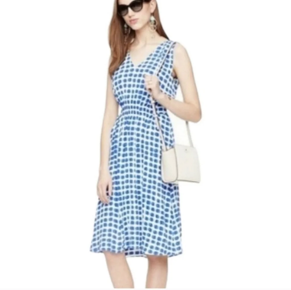 Kate Spade Blue White Island Stamp Tie Back Dress Brush Dot Print feminine Vacat
